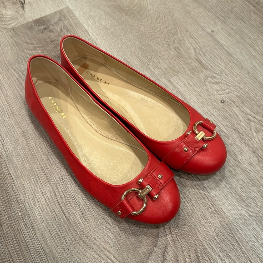 Coach Red and Gold Buckle Ballet Flats